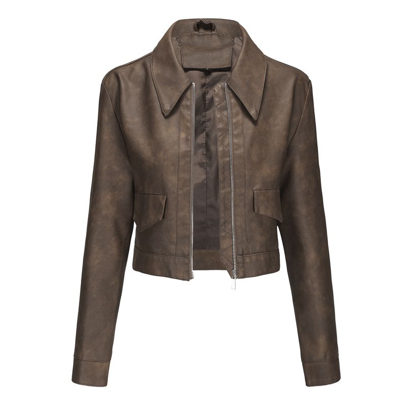 TIOZONEY - Chaqueta de piel con cremallera para mujer-Marrón