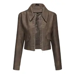 TIOZONEY - Chaqueta de piel con cremallera para mujer-Marrón