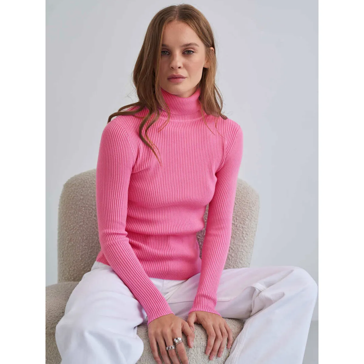TIOZONEY - Sweater De Cuello Alto Mujer - Fucsia