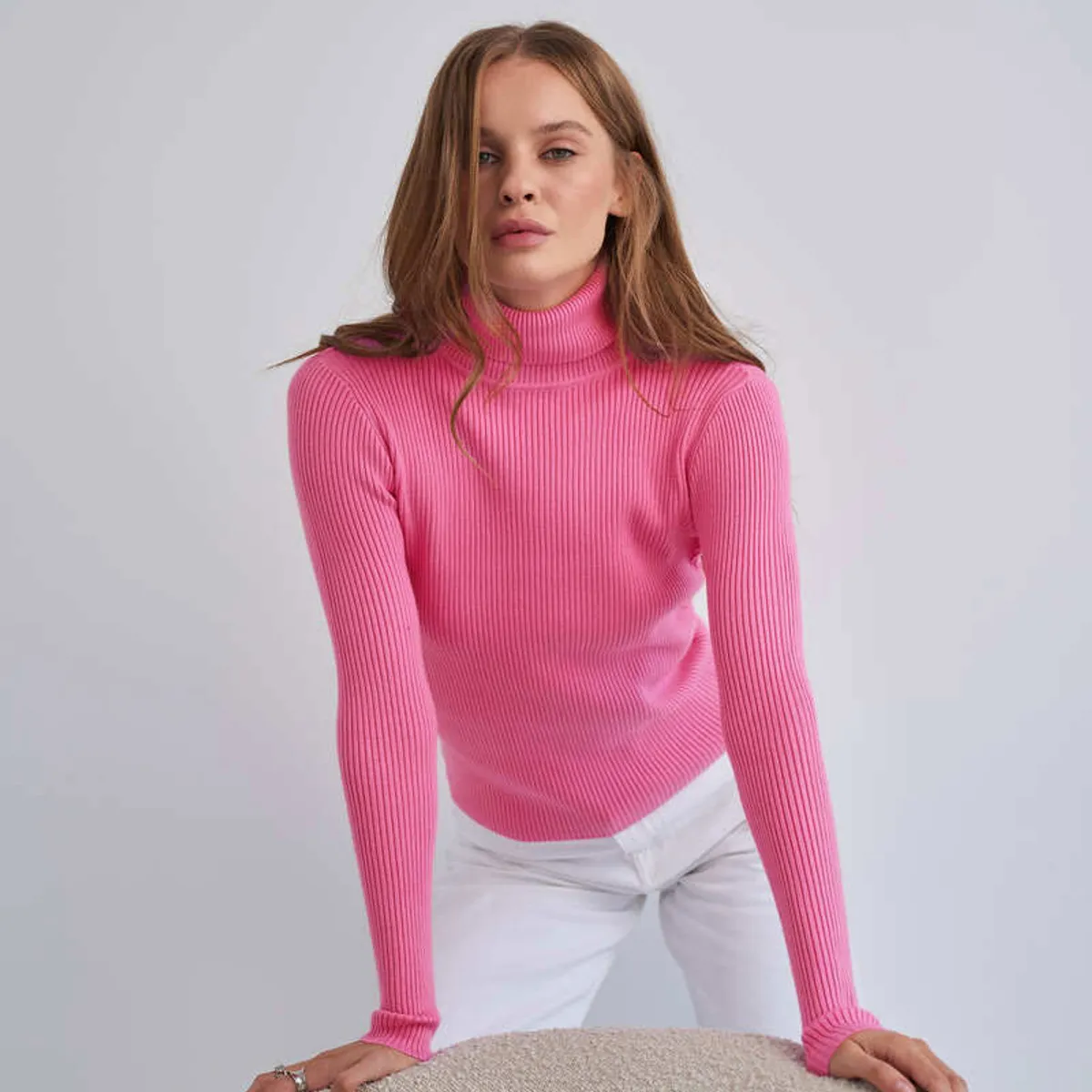TIOZONEY - Sweater De Cuello Alto Mujer - Fucsia