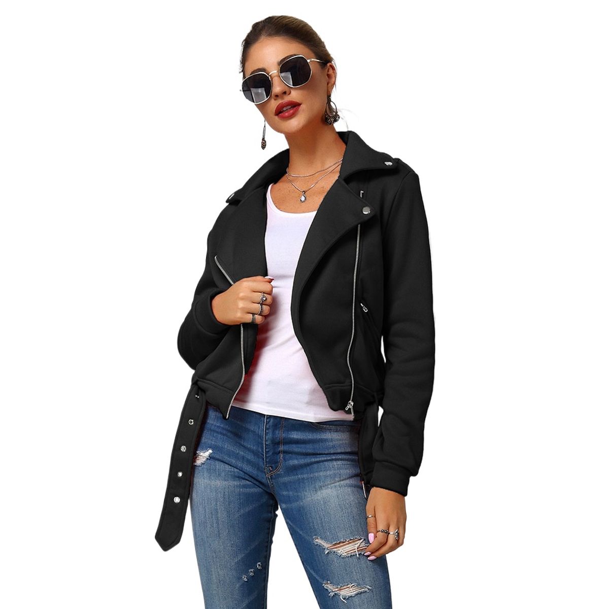 TIOZONEY - Chaqueta corta con solapa de mujer - Negro