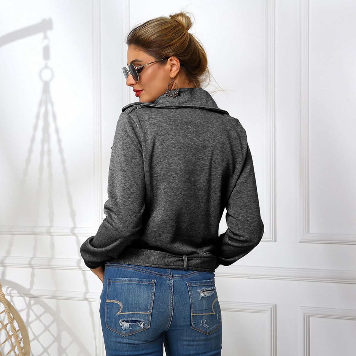 TIOZONEY - Chaqueta corta con solapa de mujer - Negro