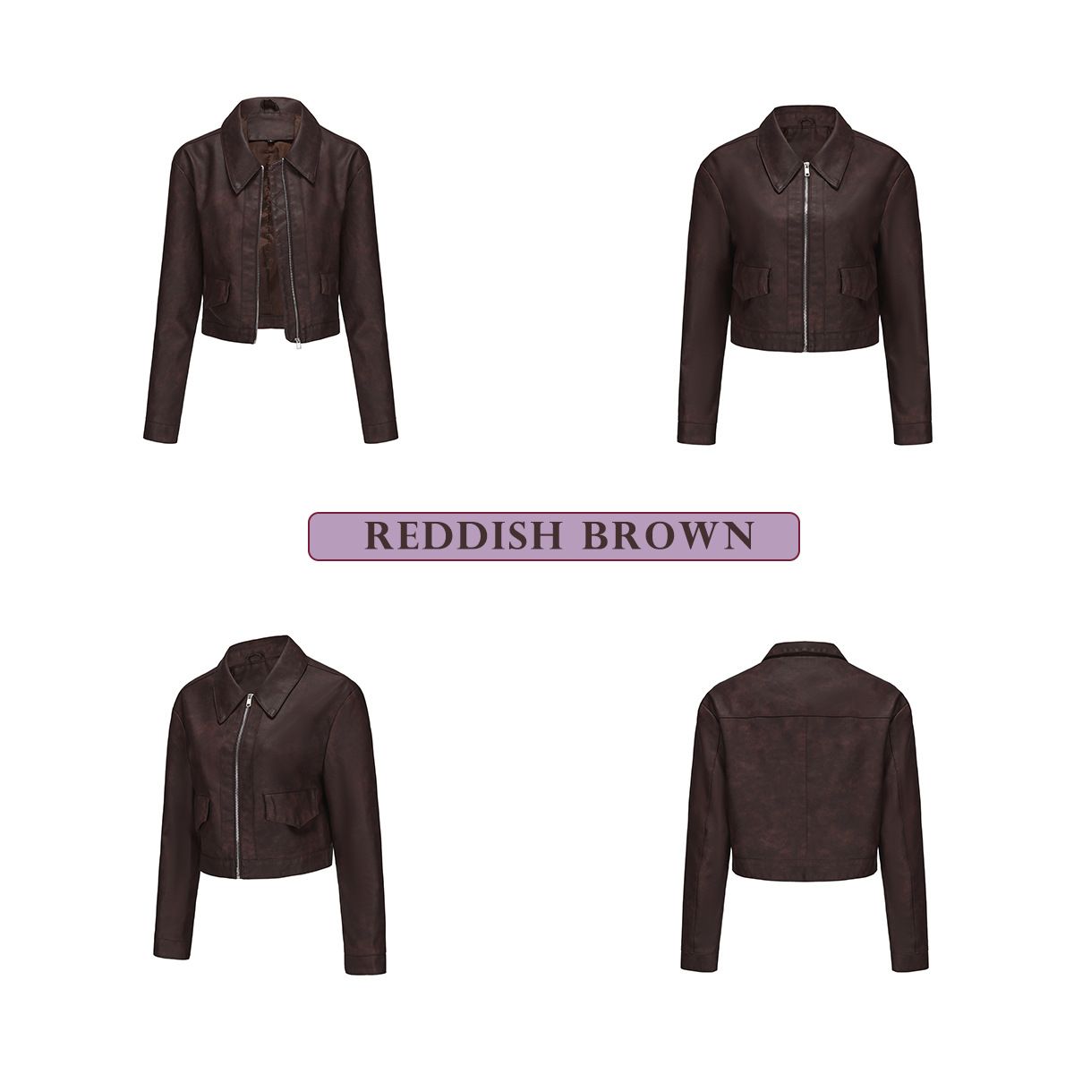 TIOZONEY - Chaqueta de piel con cremallera para mujer-Marrón