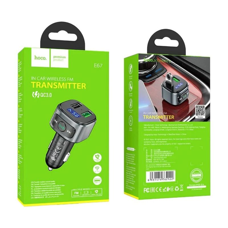 HOCO - Transmisor Bluetooth 5.0 + Cargador Auto Qc 3.0 2 Usb Hoco