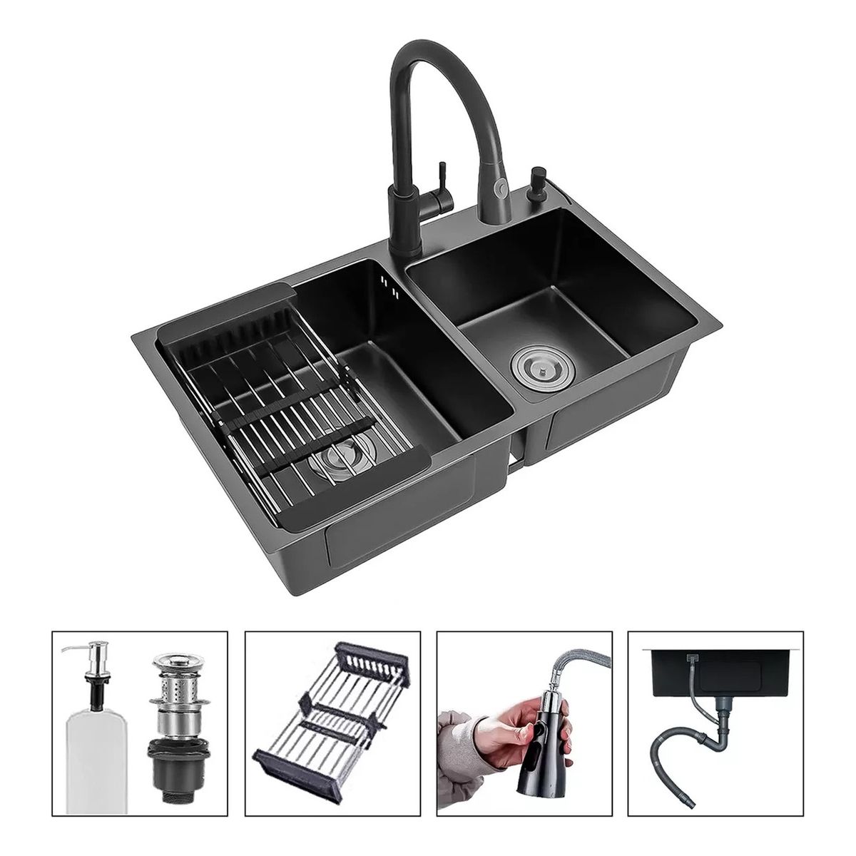 GENERICO - Lavaplatos 78x43cm Con Llave 2 Modos Accesorios Negro