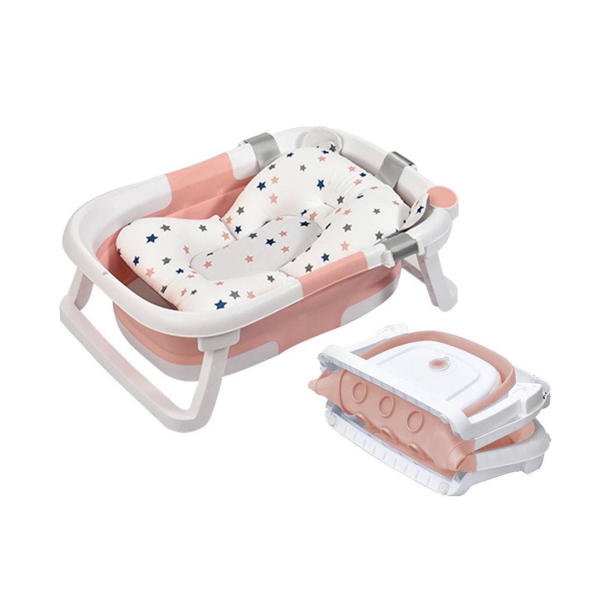 BABYLUNA - Tina Bañera Plegable para Bebé con Cojín y Termómetro Rosa