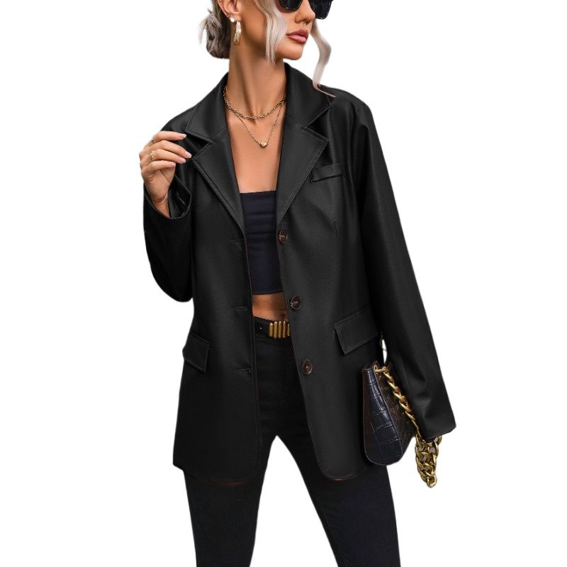 TIOZONEY - Chaqueta de cuero con solapa abotonada