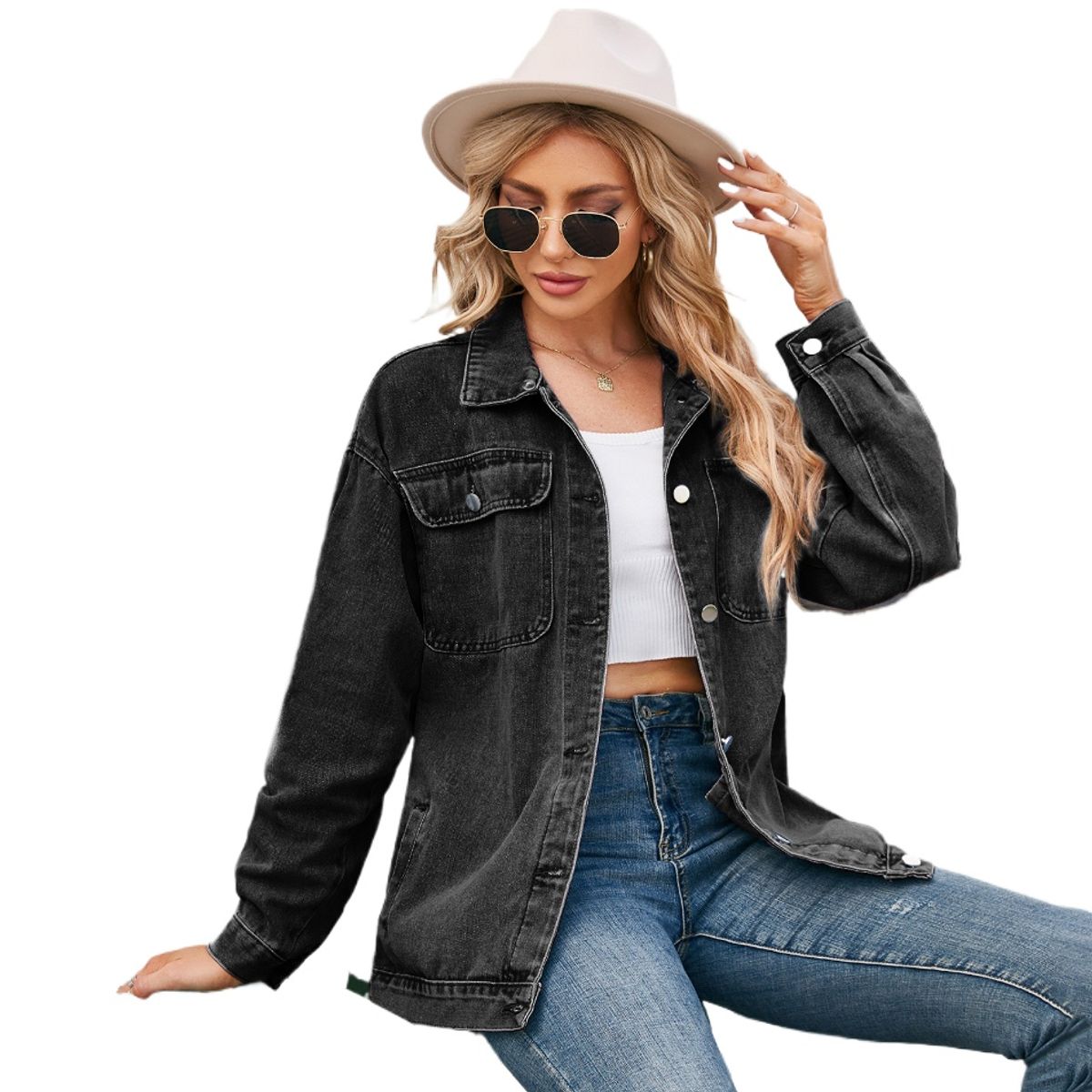 TIOZONEY - Chaquetas De Jeans Mujer -Negro