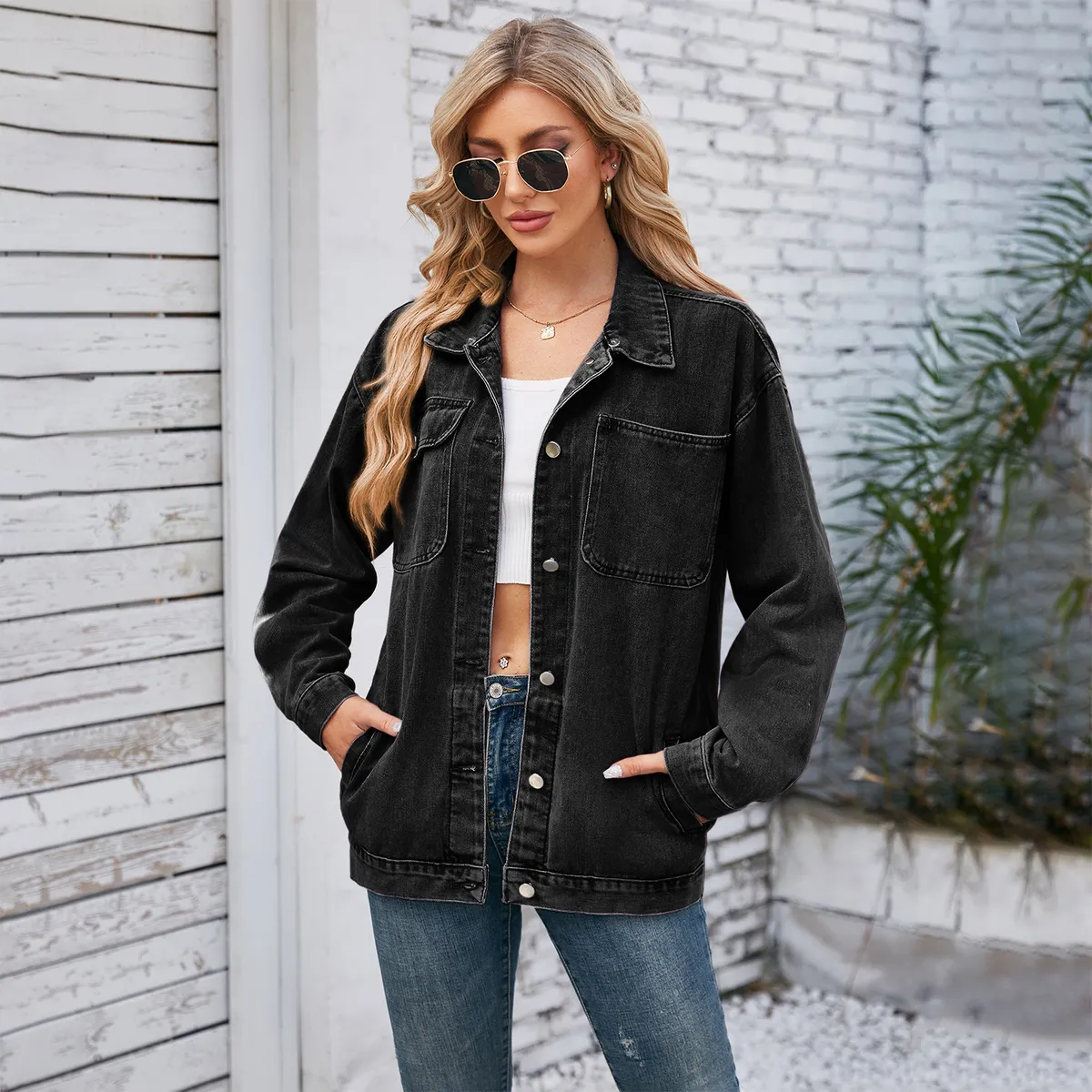 TIOZONEY - Chaquetas De Jeans Mujer -Negro