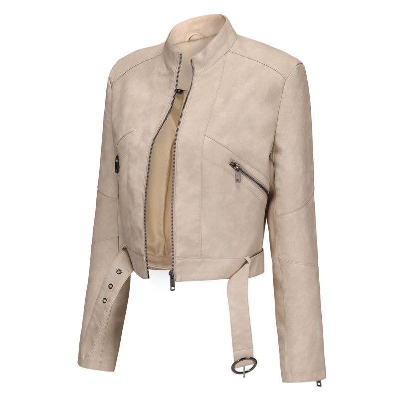 TIOZONEY - Chaqueta de piel con cremallera para mujer-Beige