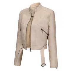 TIOZONEY - Chaqueta de piel con cremallera para mujer-Beige