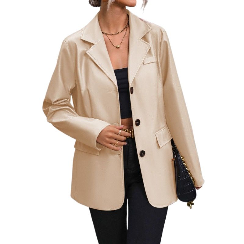 TIOZONEY - Chaqueta de cuero con solapa abotonada