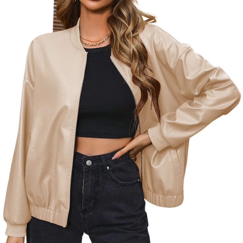 TIOZONEY - Chaqueta de cuero con cremallera para mujer Loose
