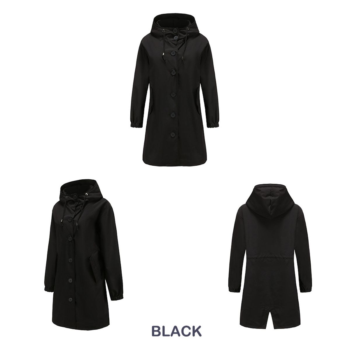 TIOZONEY - Cortavientos largo impermeable con gorro - Negro
