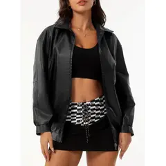 TIOZONEY - Chaqueta de PU para mujer con cinturón