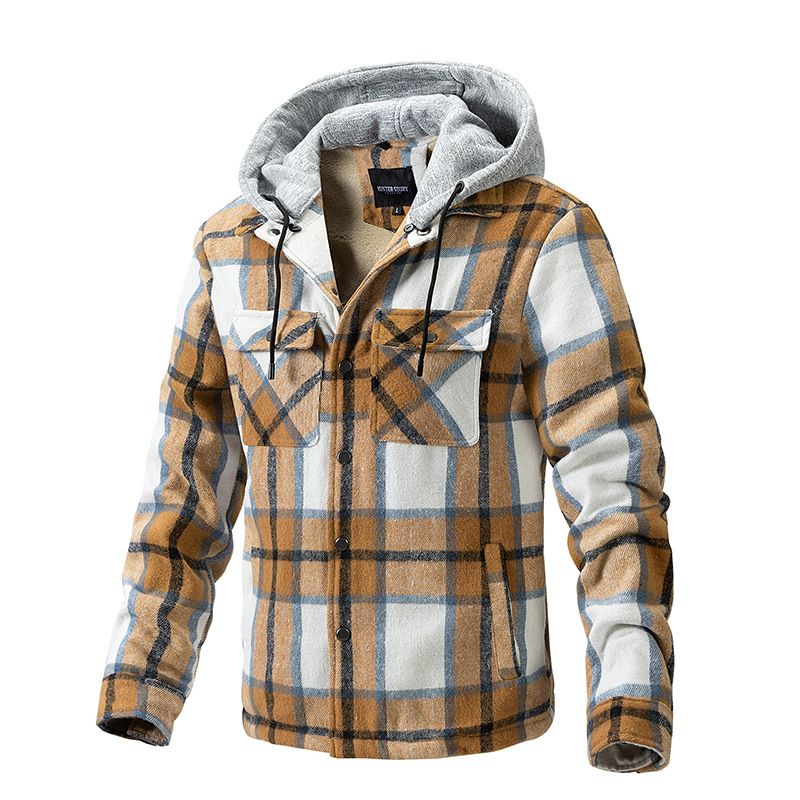 TIOZONEY - Chaqueta a cuadros con gorro para hombre - Amarillo