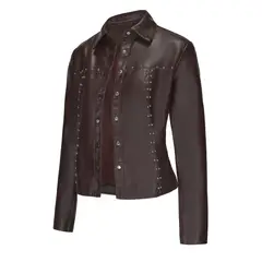 TIOZONEY - Chaqueta de cuero con tachuelas para mujer-Café
