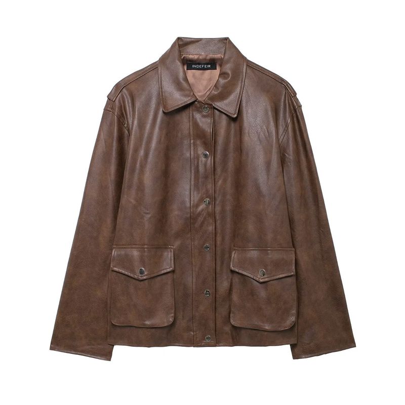 TIOZONEY - Chaqueta con cremallera de cuero artificial para mujeres