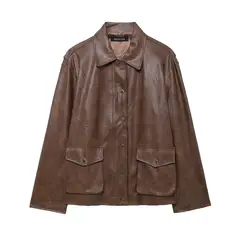 TIOZONEY - Chaqueta con cremallera de cuero artificial para mujeres