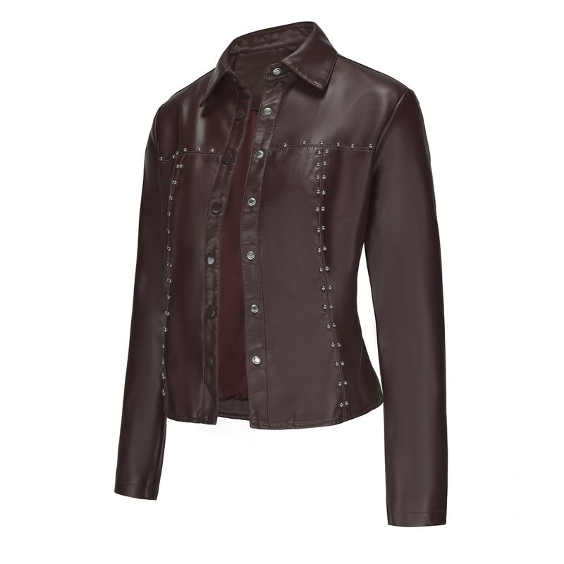 TIOZONEY - Chaqueta de cuero con tachuelas para mujer-Café