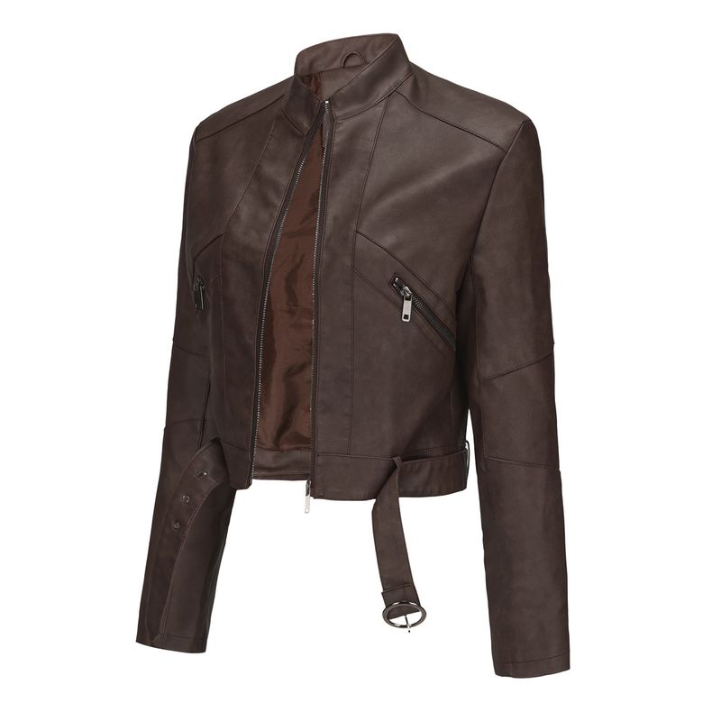 TIOZONEY - Chaqueta de piel con cremallera para mujer-Café