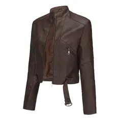 TIOZONEY - Chaqueta de piel con cremallera para mujer-Café