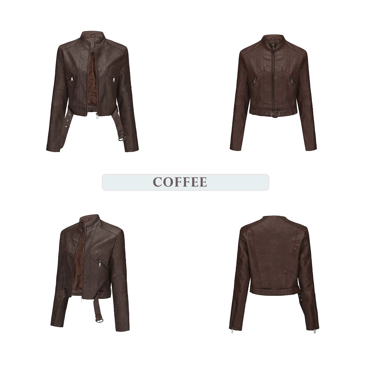 TIOZONEY - Chaqueta de piel con cremallera para mujer-Café