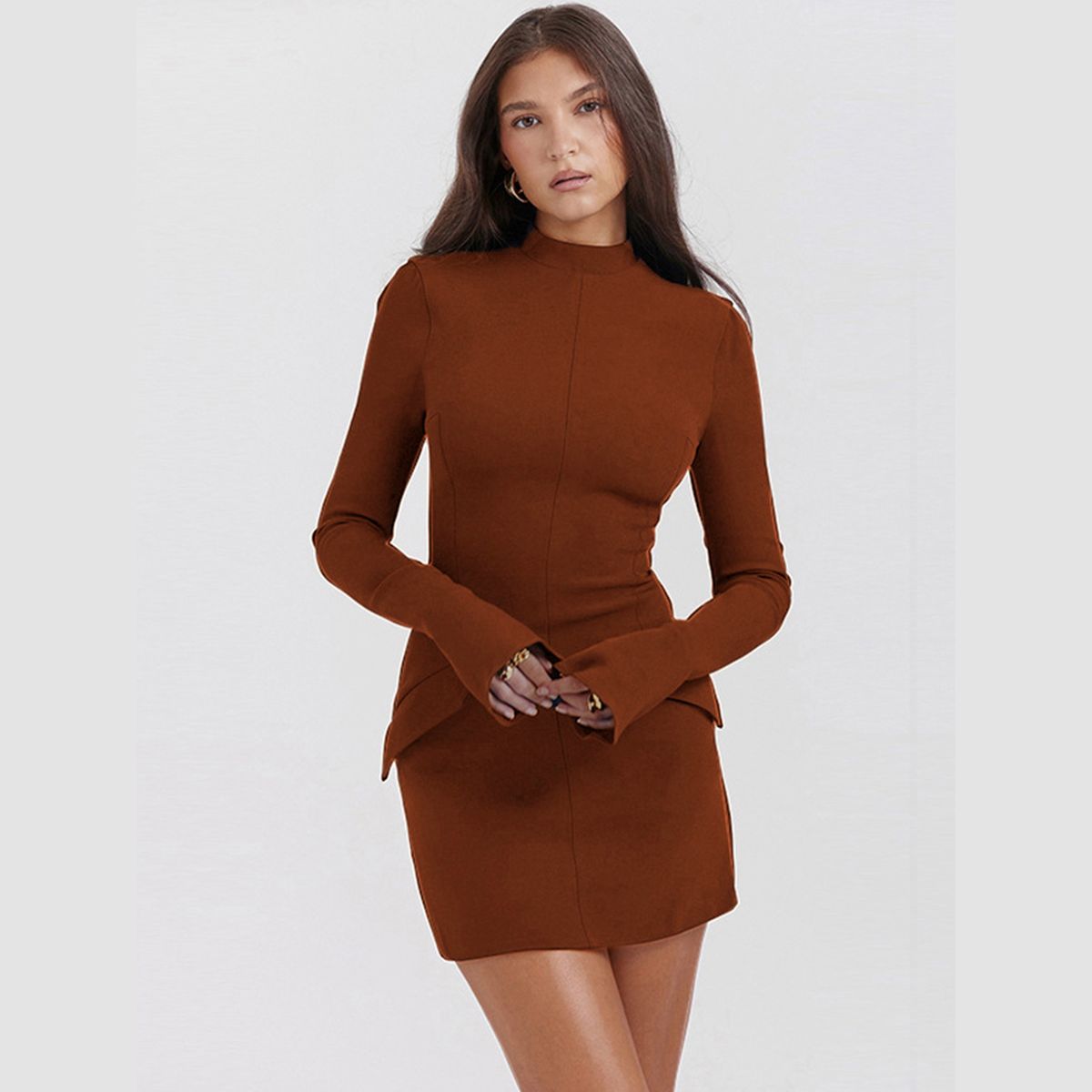 TIOZONEY - Vestido Mini manga larga para Mujer- Café