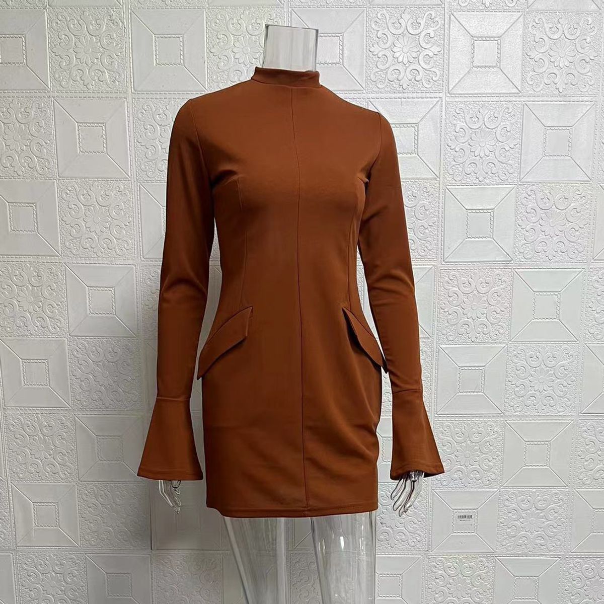 TIOZONEY - Vestido Mini manga larga para Mujer- Café