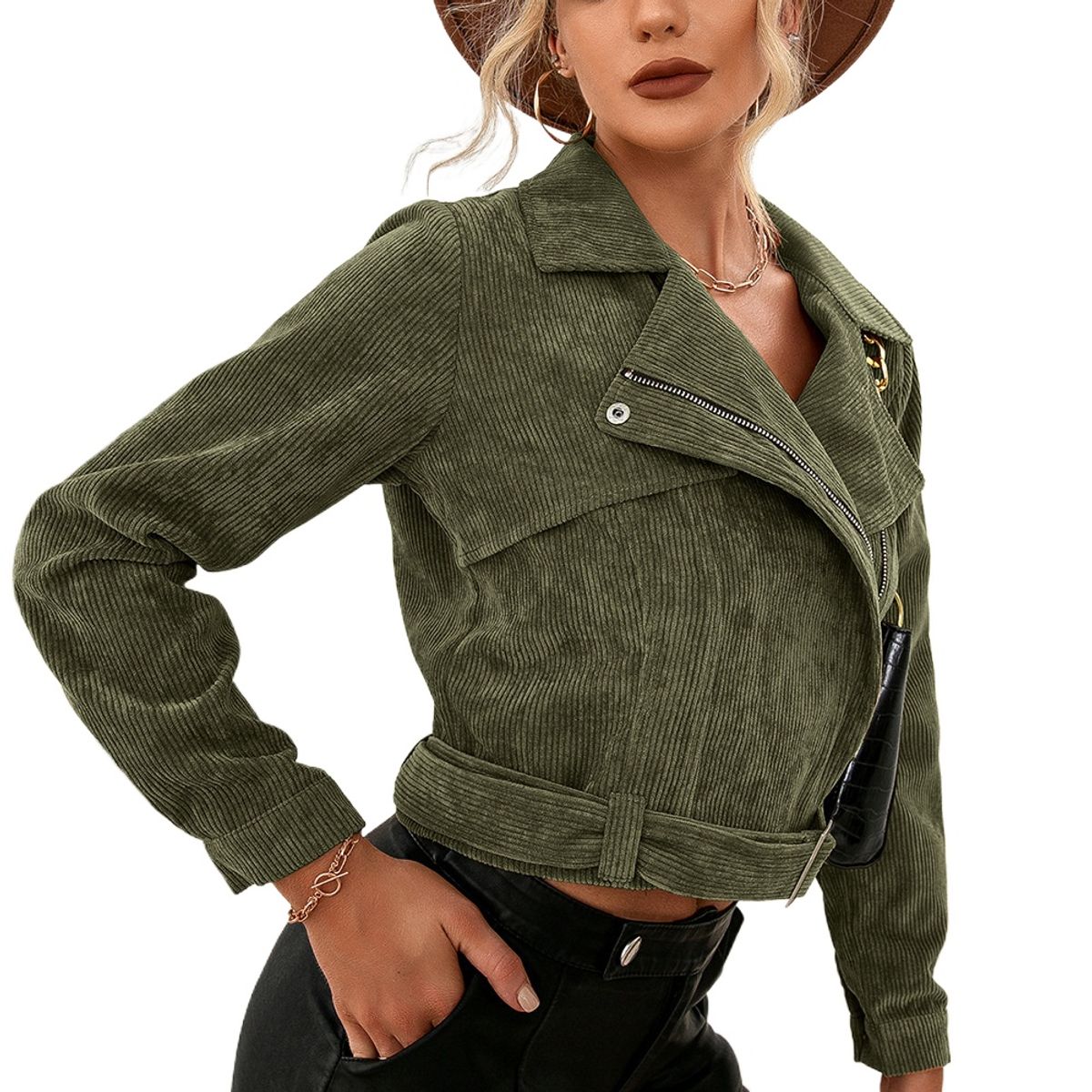 TIOZONEY - Chaqueta corta con solapa de mujer - Verde