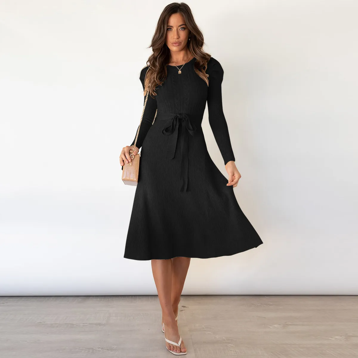 TIOZONEY - Vestido Largo manga larga  Mujer - Negro