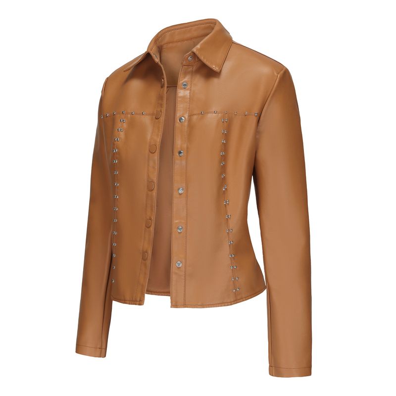 TIOZONEY - Chaqueta de cuero con tachuelas para mujer-Marrón