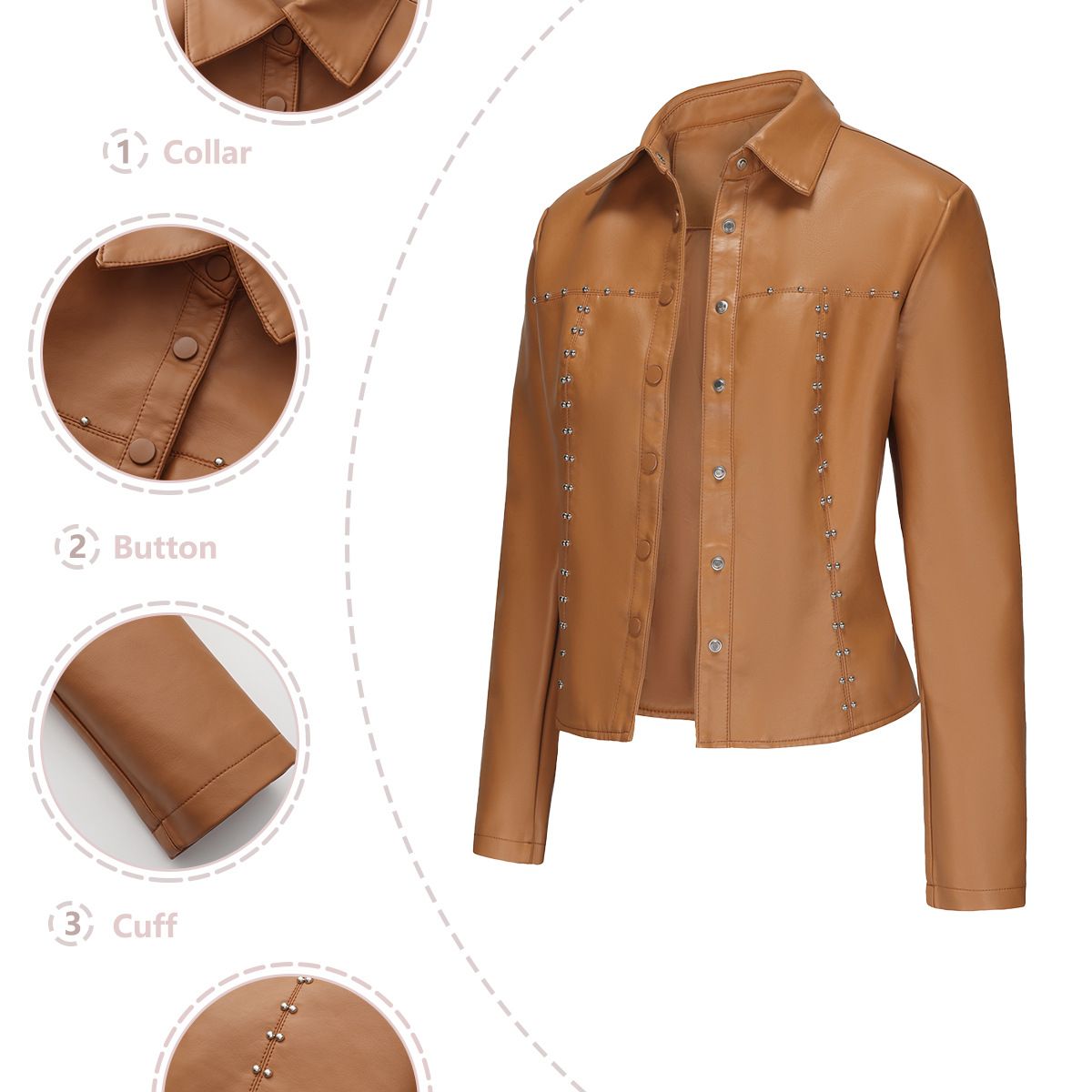 TIOZONEY - Chaqueta de PU con tachuelas para mujer-Marrón