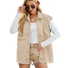 TIOZONEY - Chaqueta Jeans sin mangas Mujer - Beige