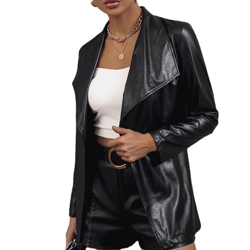 TIOZONEY - Chaqueta de cuero de mujer con solapa suelta