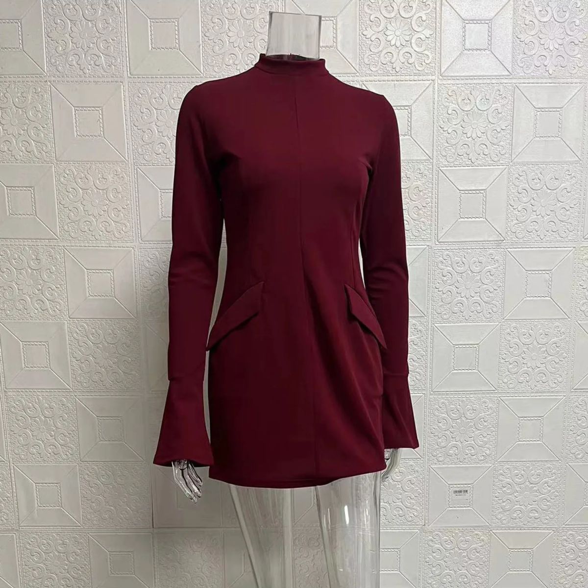 TIOZONEY - Vestido Mini manga larga para Mujer- Burdeo