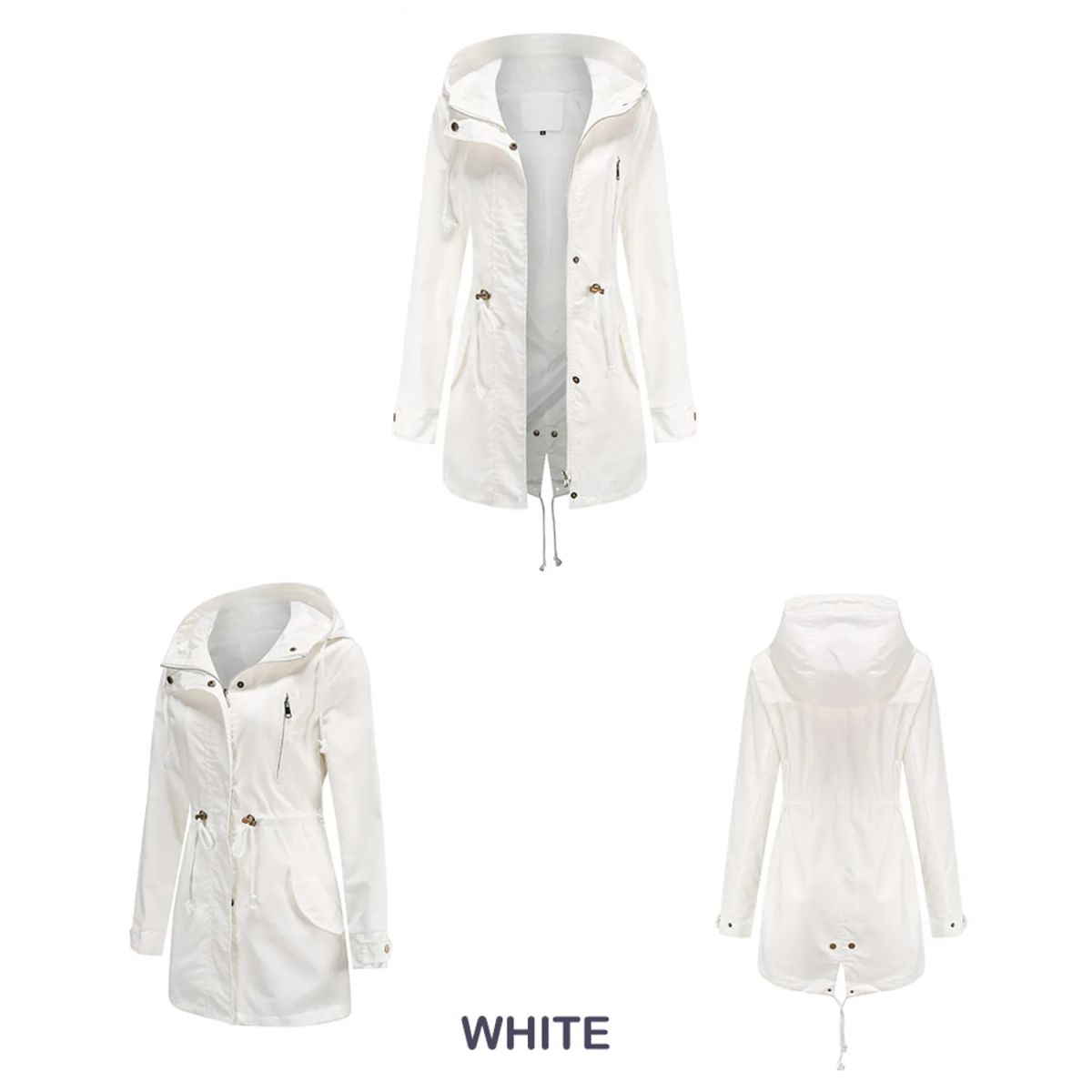 TIOZONEY - Cortavientos largo con gorro para mujer - Blanco