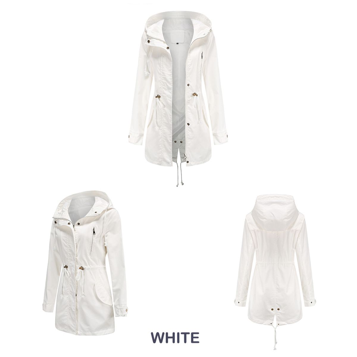 TIOZONEY - Cortavientos largo con gorro para mujer - Blanco