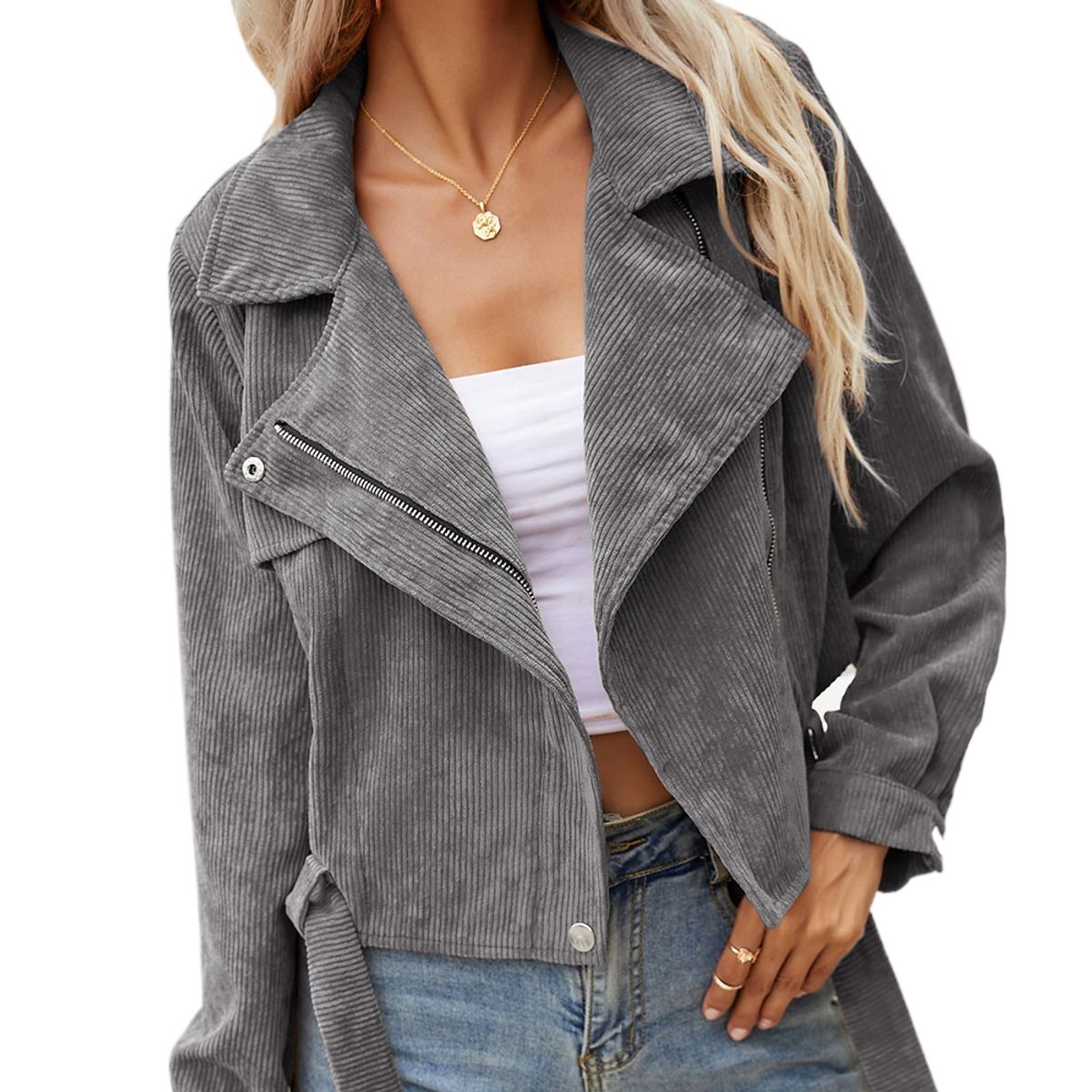 TIOZONEY - Chaqueta corta con solapa de mujer - Gris