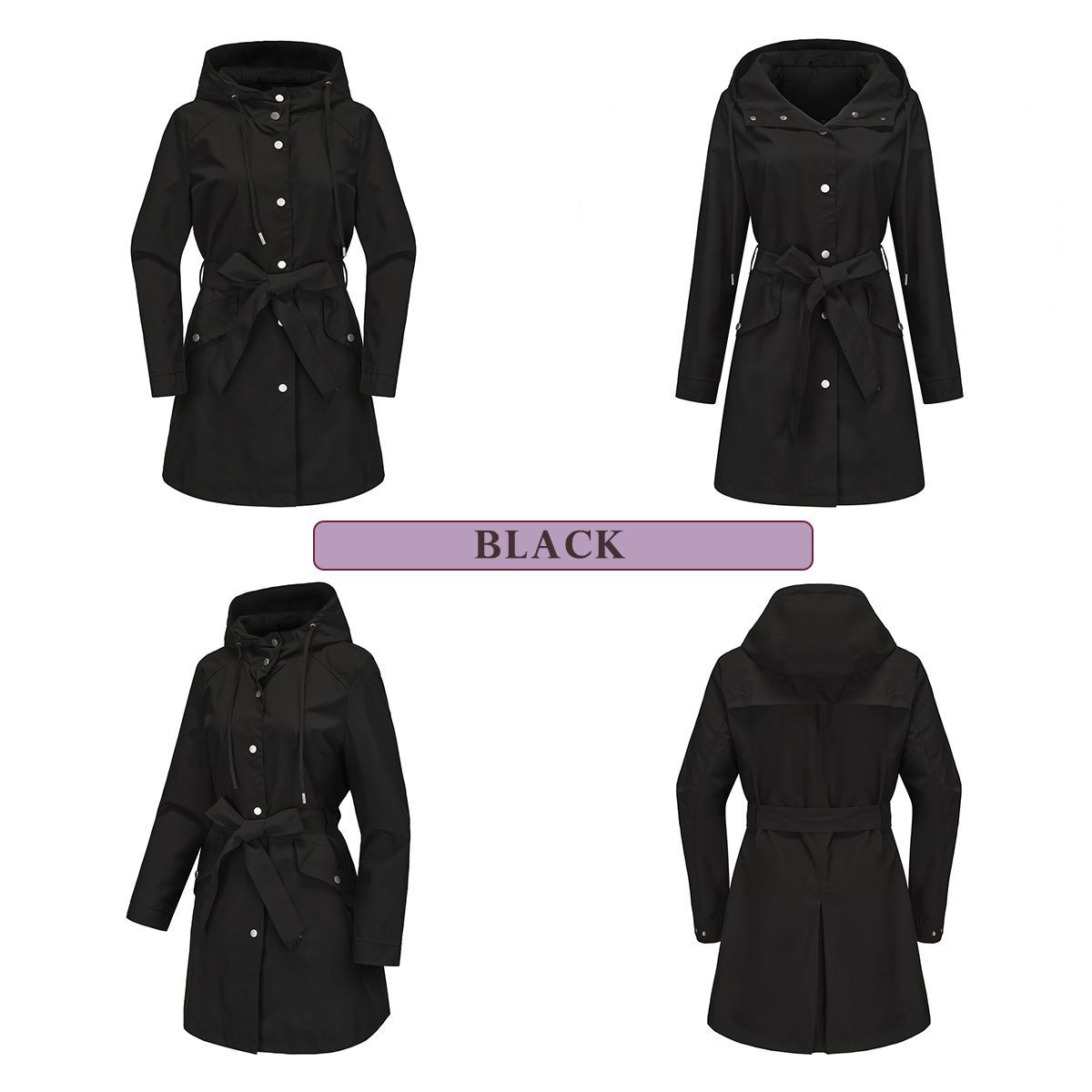 TIOZONEY - Chaqueta impermeable con capucha y cinturón-Negro
