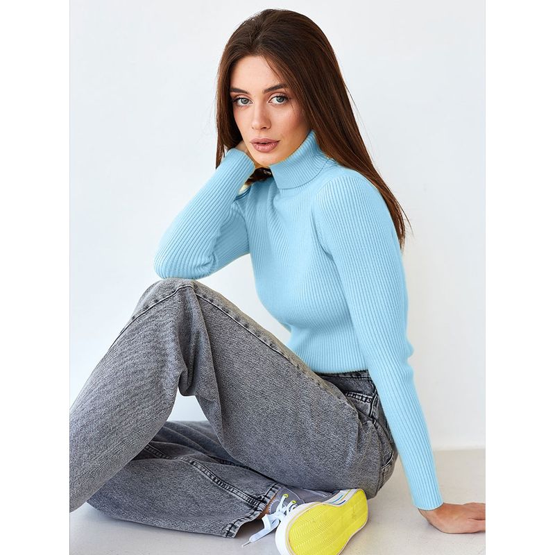 TIOZONEY - Sweater De Cuello Alto Mujer - Celeste