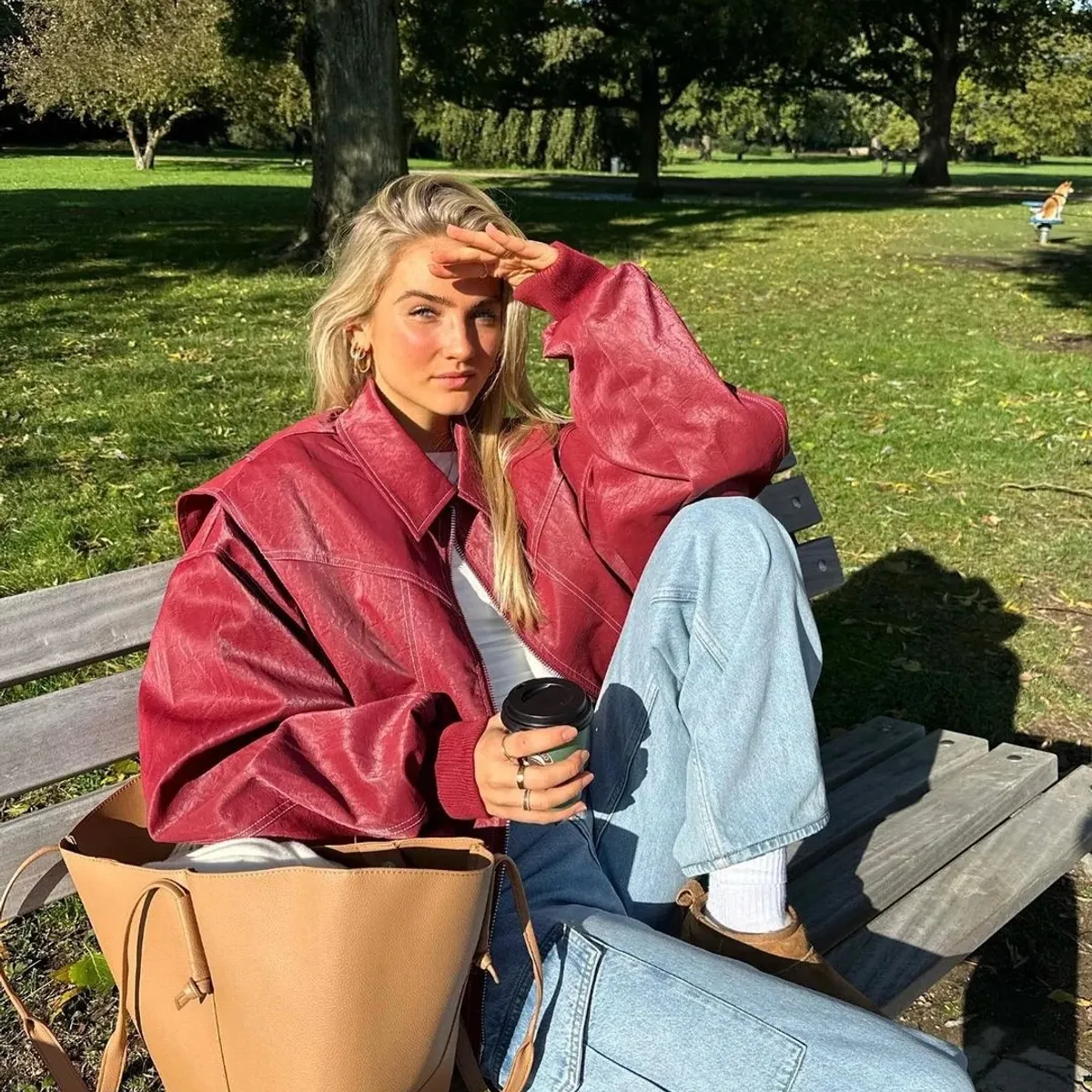 TIOZONEY - Chaqueta PU Mujer - Rojo