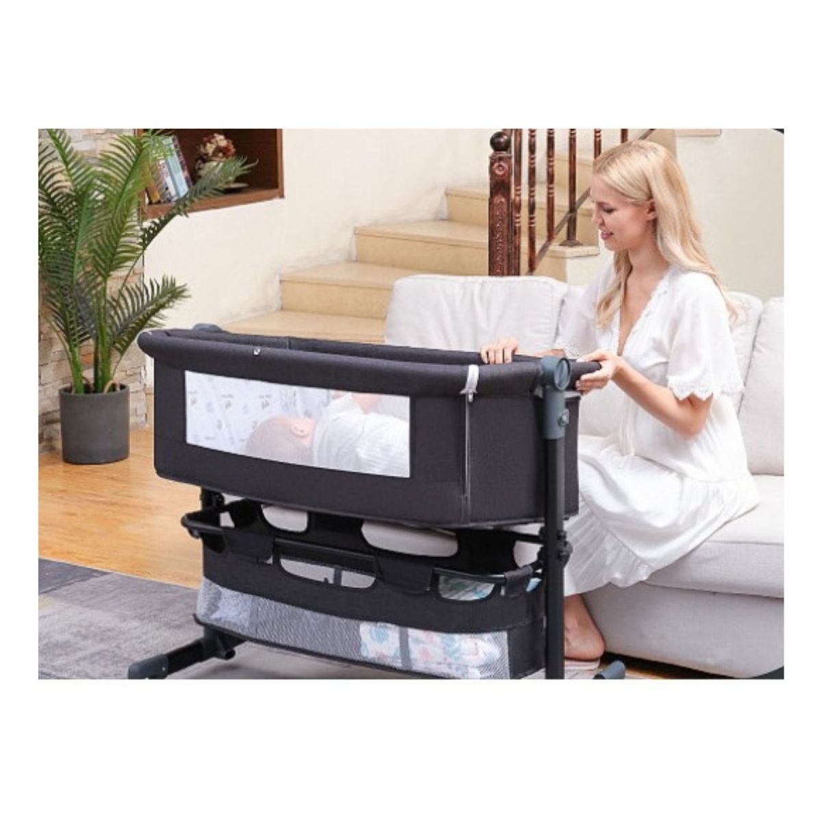 BABYLUNA - Cuna Colecho con Colchón Mosquitero y Cesta Gris Oscuro