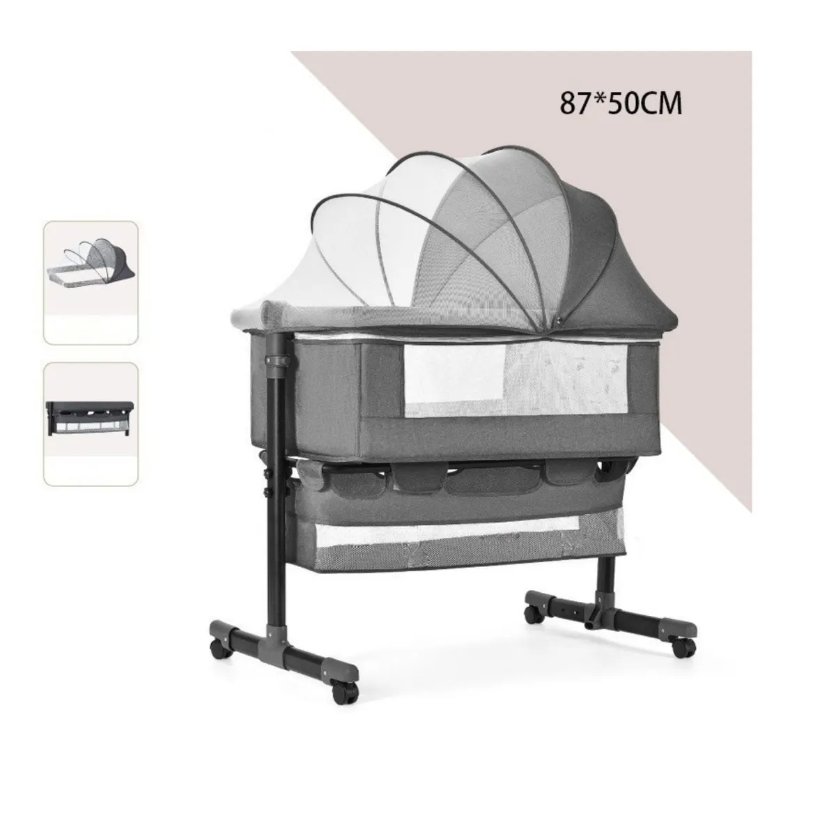 BABYLUNA - Cuna Colecho con Colchón Mosquitero y Cesta Gris Claro
