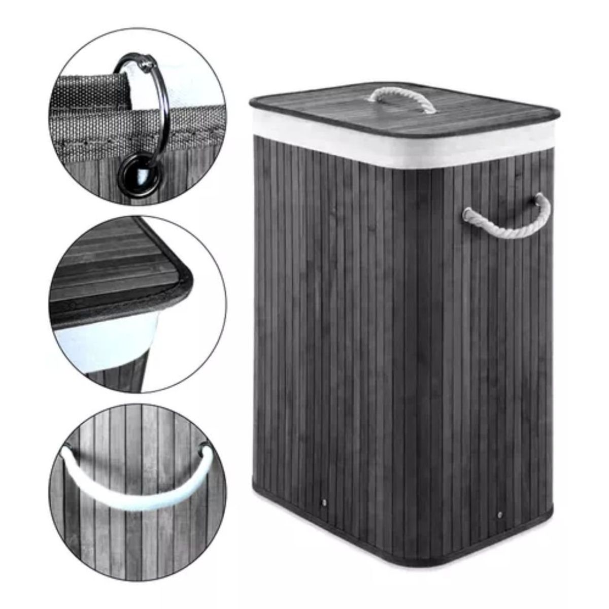 HOMEBRANDT - Cesto Canasto Ropa Sucia Bambu Whitmor 60Cm Con Tapa Y Asa Negra