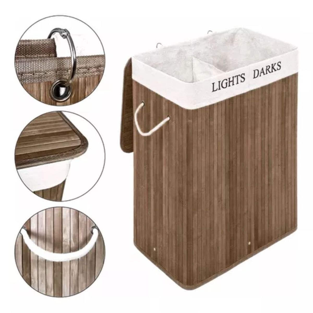 GENERICO - Cesto Canasto De Bambu Para Ropa Doble 65cm Grande Con Tapa Oscuro