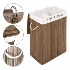 GENERICO - Cesto Canasto De Bambu Para Ropa Doble 65cm Grande Con Tapa Oscuro