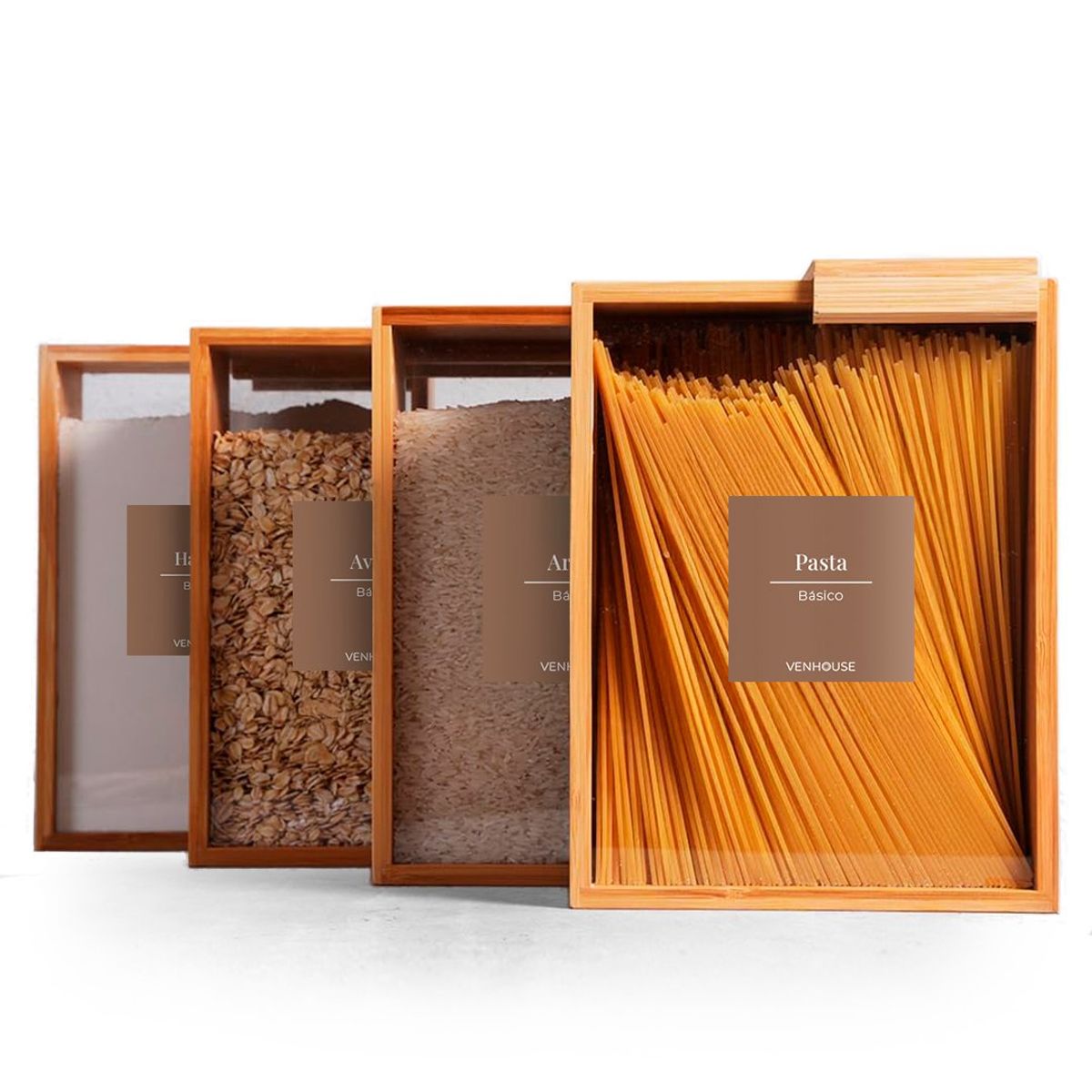 GENERICO - 4 Contenedor Hermético Despensa Vidrio Bambú 2200ml Etiqueta Marron