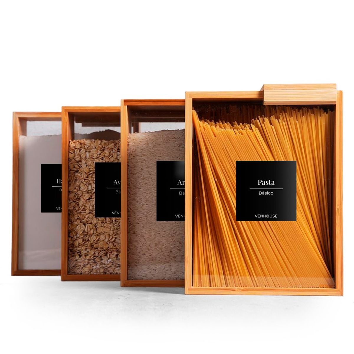 GENERICO - 4 Contenedor Hermético Despensa Vidrio Bambú 2200ml Etiqueta Negra