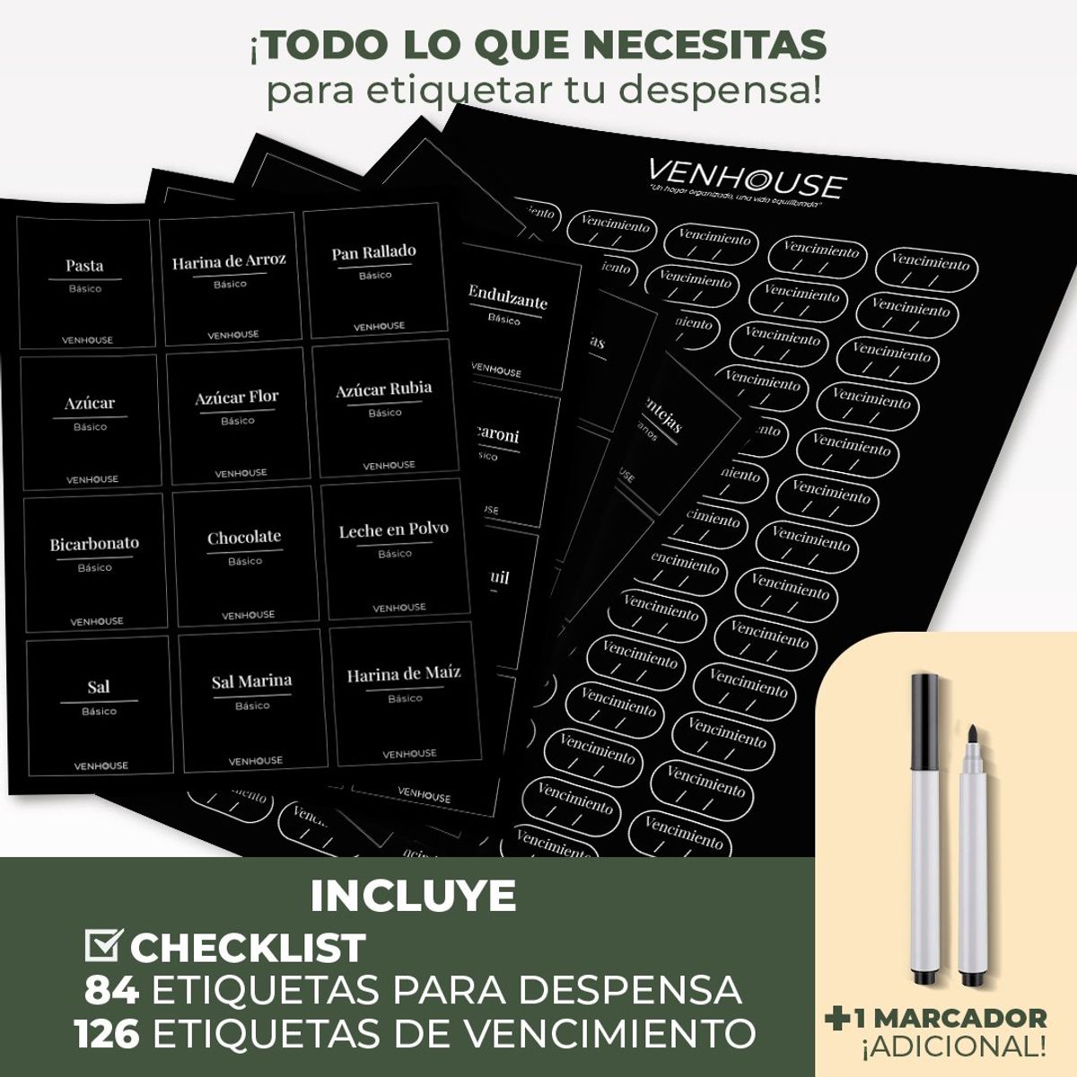 GENERICO - 4 Contenedor Hermético Despensa Vidrio Bambú 2200ml Etiqueta Negra